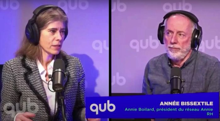 Annie Boilard, Réseau Annie RH, discuter avec Benoit Dutrizac de la journée du 29 février, travaillée mais pas toujours payée.